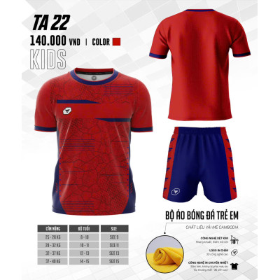 BỘ QUẦN ÁO ĐÁ BÓNG TRẺ EM KHÔNG LOGO TA22